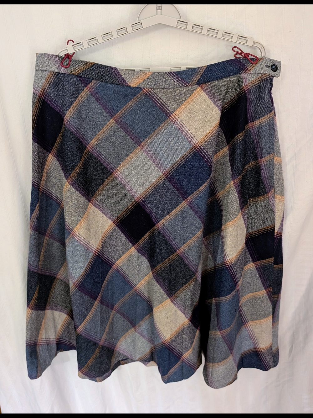 Vintage 80s Koret Midi Swing Wool Skirt w Pockets Shades Of Blue W Gold Plum 1X